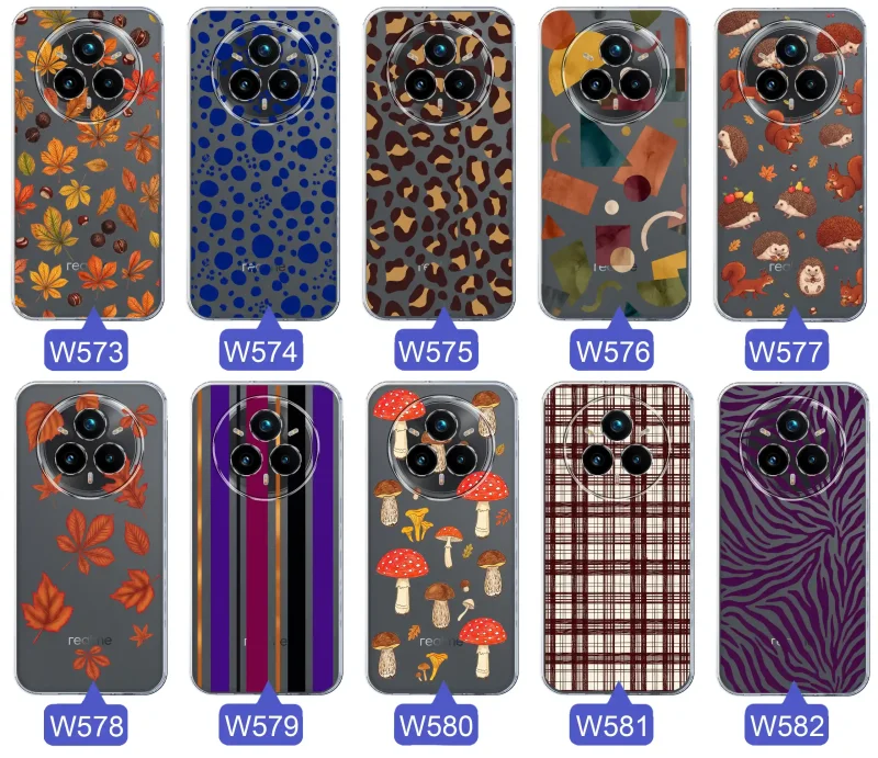 Przezroczyste etui do Realme 14 Pro+ Plus 5G z jesiennymi wzorami: panterka, zebra, krata, paski i jesienne liście