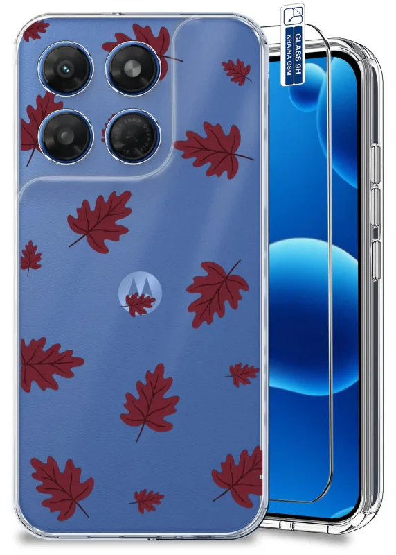 Przezroczyste etui jesienne do Motorola Moto G37 z bordowym wzorem liści oraz szkłem hartowanym 9H