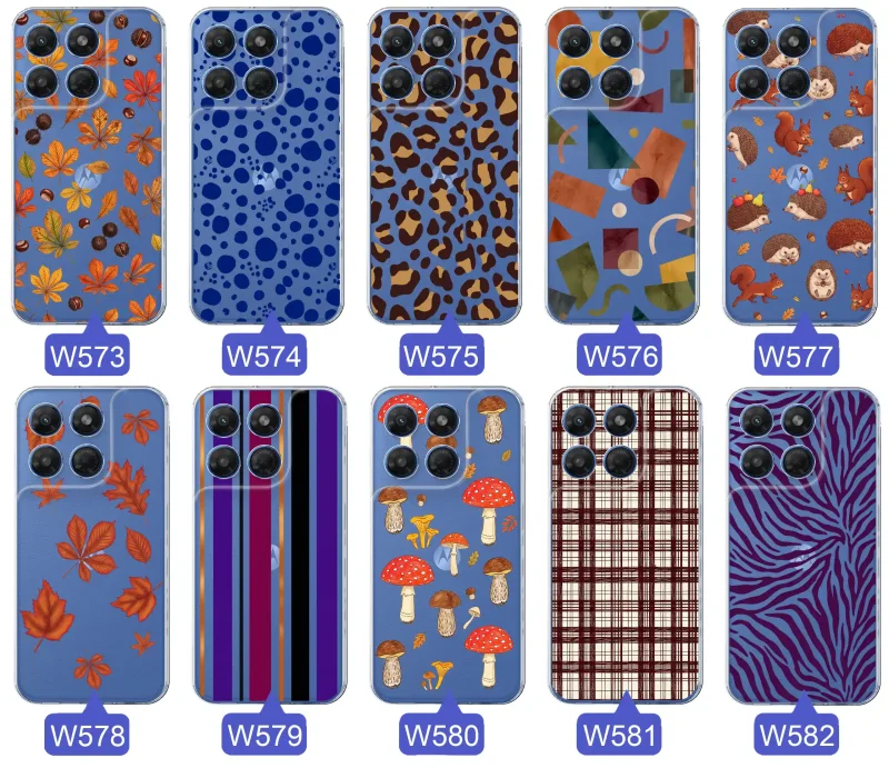 Przezroczyste etui do Motorola Moto G37 z jesiennymi wzorami: panterka, zebra, krata, paski i jesienne liście