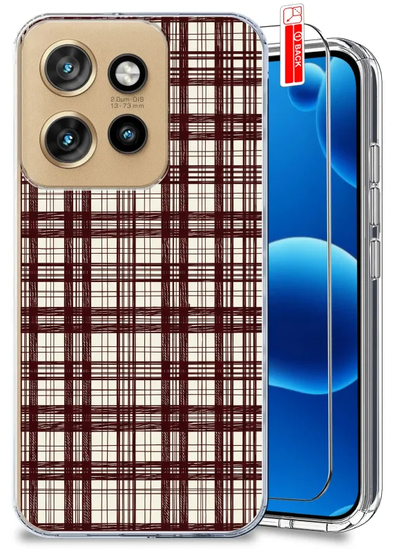 Przezroczyste etui jesienne do Motorola Edge 50 Neo z bordową kratą oraz szkłem hartowanym 9H