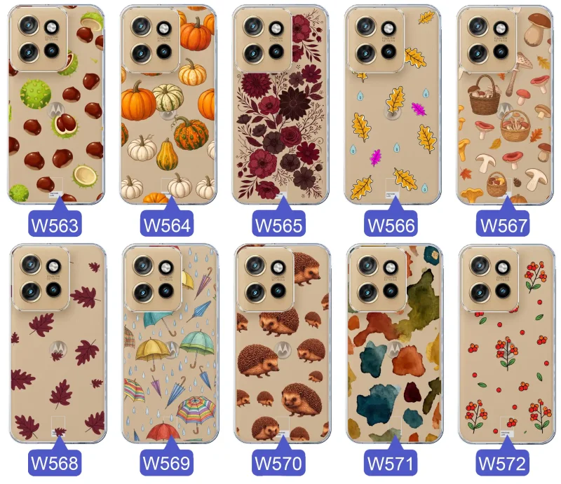 Kolekcja jesiennych etui do Motorola Edge 50 Neo z kolorowymi wzorami dyni, kasztanów, kwiatów, liści, grzybów i jeży