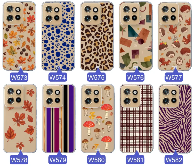 Przezroczyste etui do Motorola Edge 50 Neo z jesiennymi wzorami: panterka, zebra, krata, paski i jesienne liście