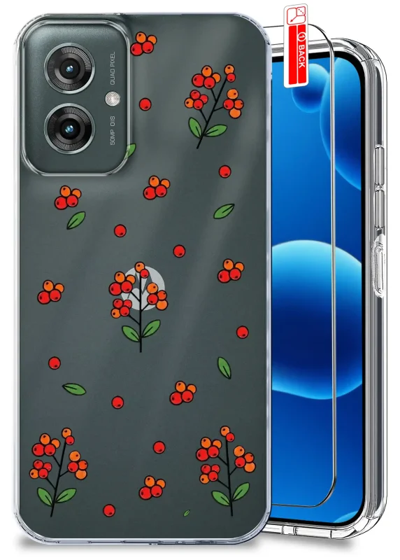 Przezroczyste etui jesienne do Motorola Moto G55 5G z nadrukiem czerwonych i pomarańczowych owoców oraz szkłem hartowanym 9H