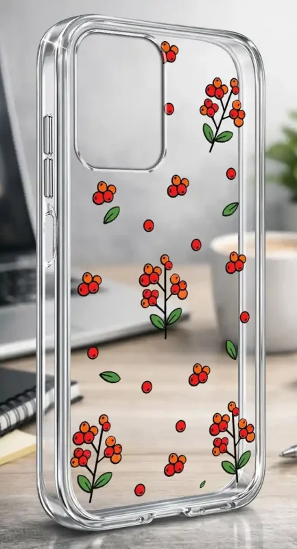 Etui Motorola Moto G55 5G 2 mm z jesiennym wzorem czerwonych owoców i zielonych liści na przezroczystej powierzchni