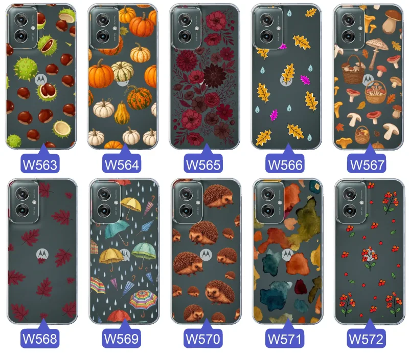 Kolekcja jesiennych etui do Motorola Moto G55 5G z kolorowymi wzorami dyni, kasztanów, kwiatów, liści, grzybów i jeży