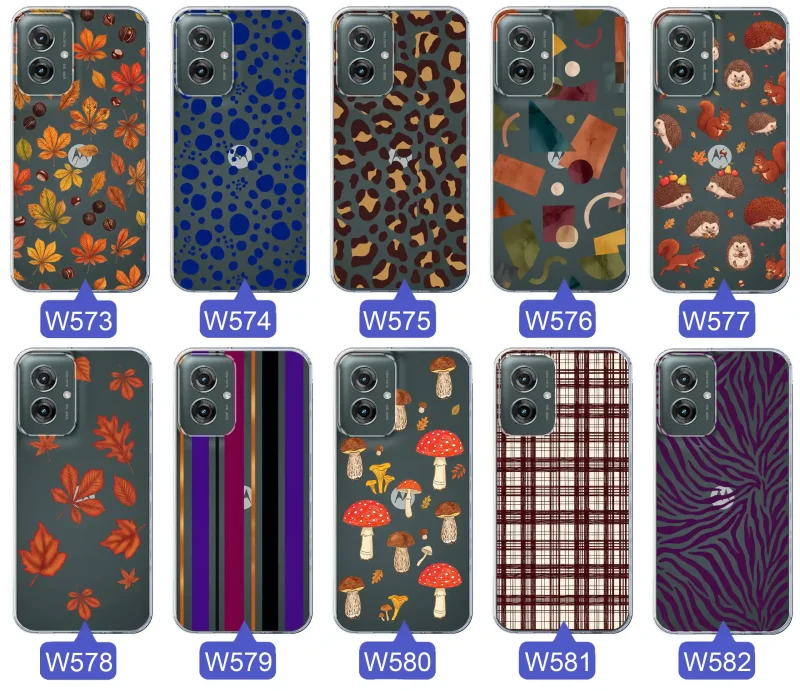 Przezroczyste etui do Motorola Moto G55 5G z jesiennymi wzorami: panterka, zebra, krata, paski i jesienne liście
