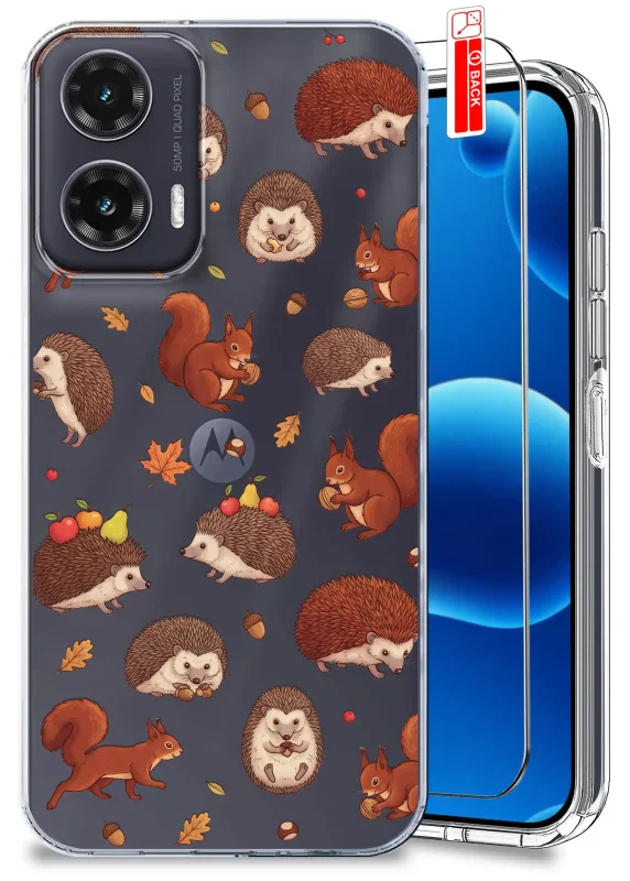 Przezroczyste etui jesienne do Motorola Moto G35 5G z jeżami, wiewiórkami, liśćmi i żołędziami oraz szkłem hartowanym 9H