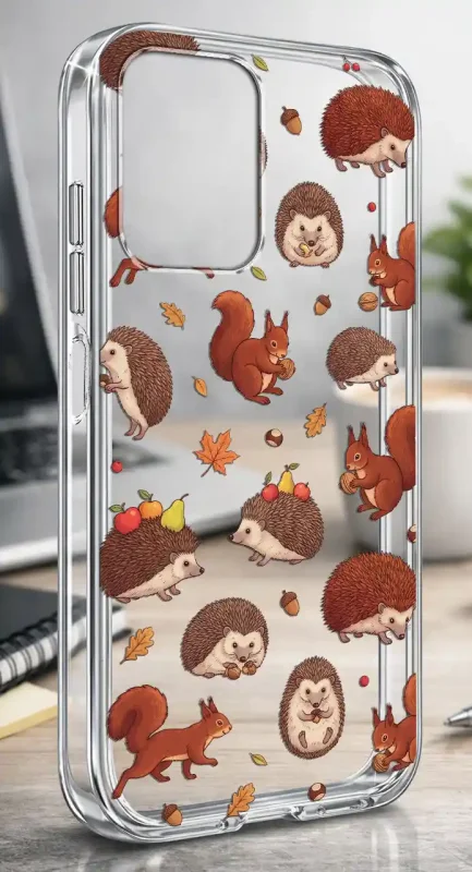 Etui Motorola Moto G35 5G 2 mm z jesiennym wzorem jeży, wiewiórek, liści i owoców na przezroczystej powierzchni