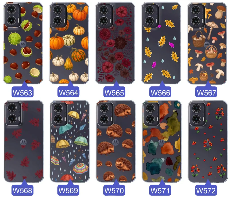 Kolekcja jesiennych etui do Motorola Moto G35 5G z kolorowymi wzorami dyni, kasztanów, kwiatów, liści, grzybów i jeży