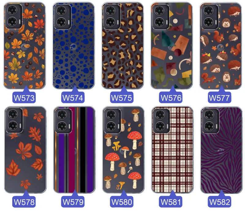 Przezroczyste etui do Motorola Moto G35 5G z jesiennymi wzorami: panterka, zebra, krata, paski i jesienne liście
