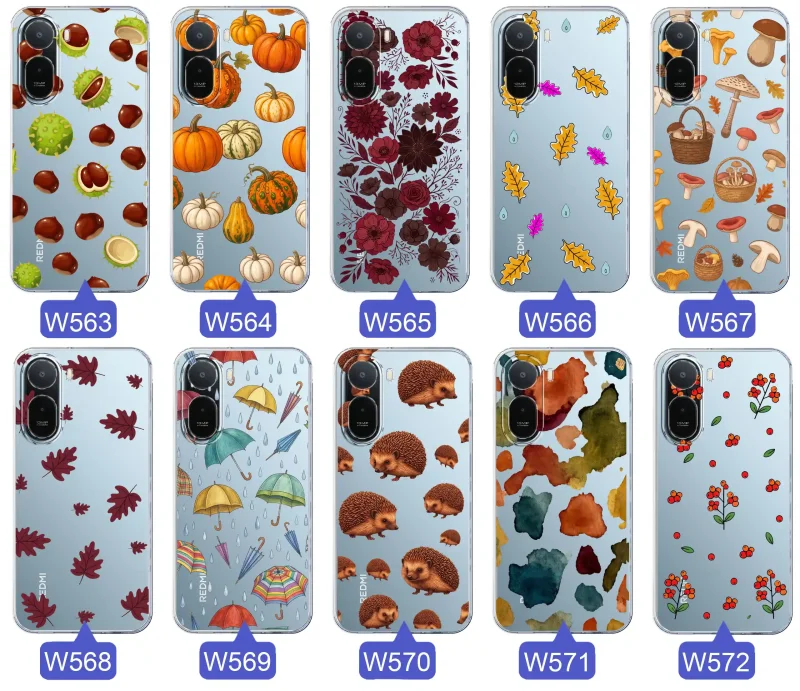 Kolekcja jesiennych etui do Xiaomi Redmi A7 Pro z kolorowymi wzorami dyni, kasztanów, kwiatów, liści, grzybów i jeży