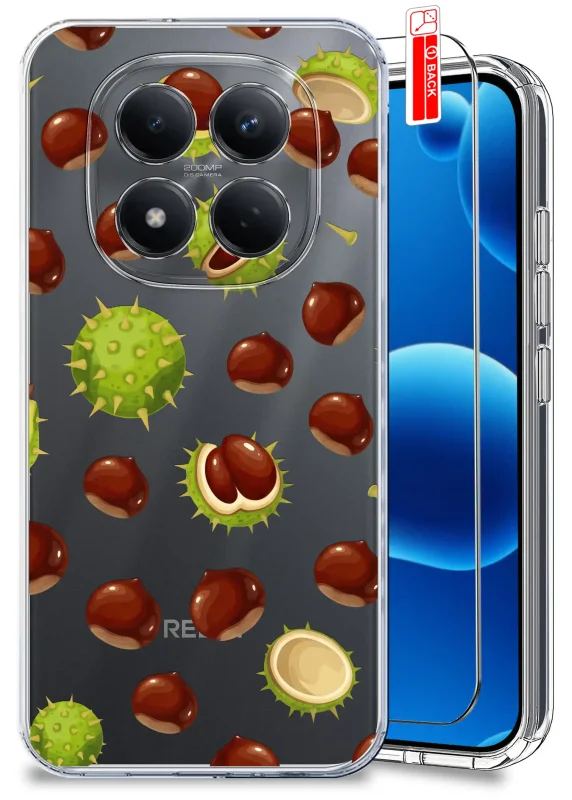 Przezroczyste etui jesienne do Xiaomi Redmi Note 15 Pro 5G z nadrukiem kasztanów oraz szkłem hartowanym 9H