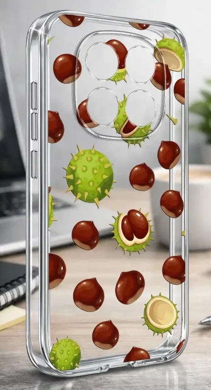 Etui Xiaomi Redmi Note 15 Pro 5G 2 mm z jesiennym wzorem kasztanów i zielonych łupin na przezroczystej powierzchni