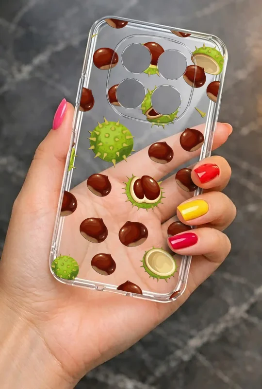 Przezroczyste etui do Xiaomi Redmi Note 15 Pro 5G z motywem kasztanów prezentowane w dłoni