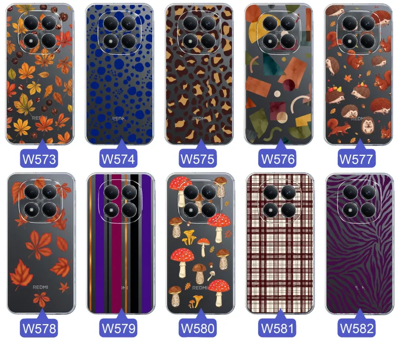 Przezroczyste etui do Xiaomi Redmi Note 15 Pro 5G z jesiennymi wzorami: panterka, zebra, krata, paski i jesienne liście
