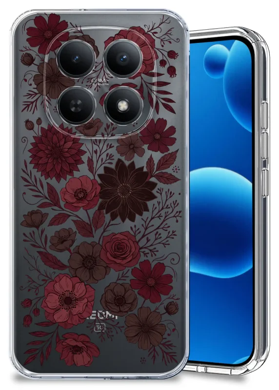 Przezroczyste etui jesienne do Xiaomi Redmi Note 15 5G z bordowym kwiatowym nadrukiem