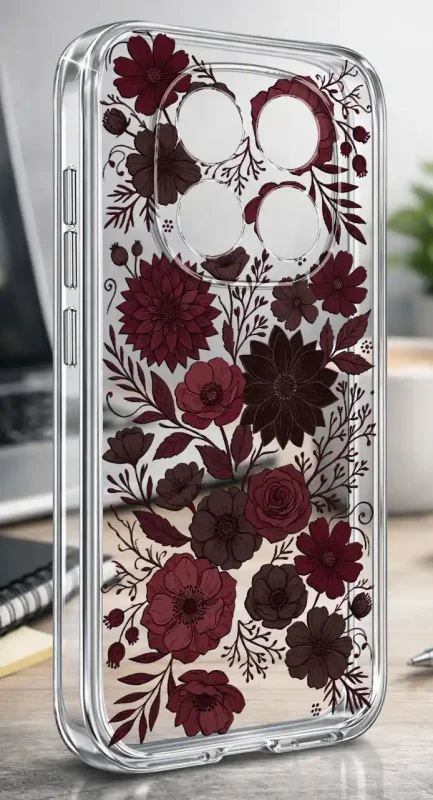 Etui Xiaomi Redmi Note 15 5G 2 mm z jesiennym wzorem bordowych i brązowych kwiatów na przezroczystej powierzchni