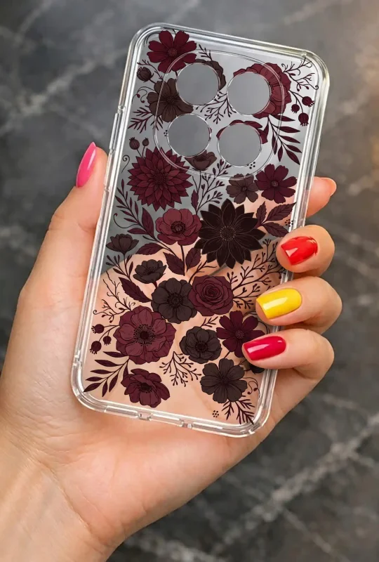 Przezroczyste etui do Xiaomi Redmi Note 15 5G z motywem ciemnych jesiennych kwiatów prezentowane w dłoni