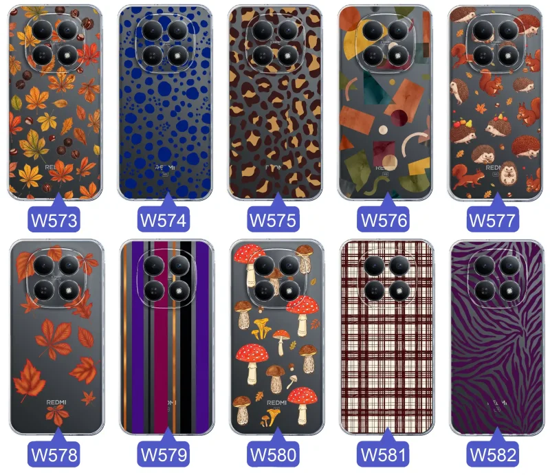 Przezroczyste etui do Xiaomi Redmi Note 15 5G z jesiennymi wzorami: panterka, zebra, krata, paski i jesienne liście