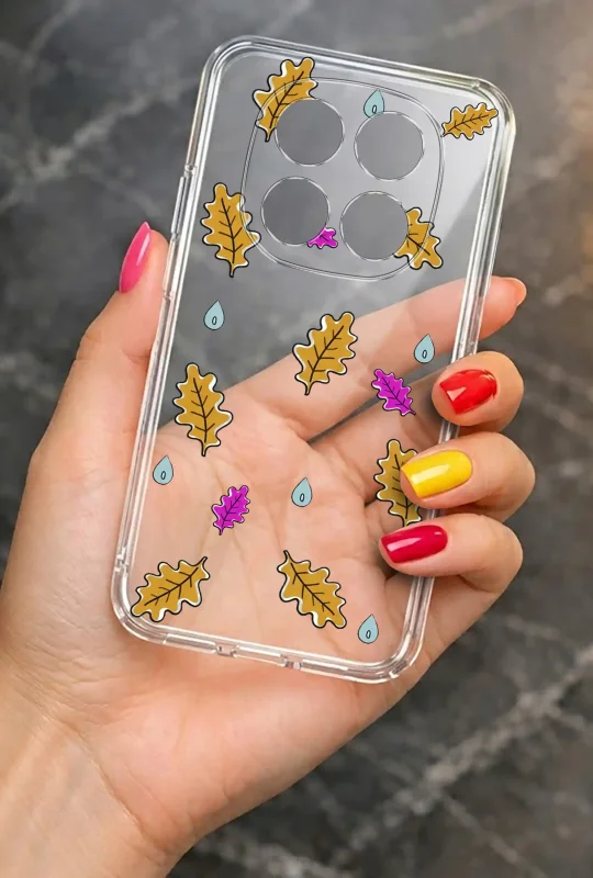 Przezroczyste etui do Xiaomi Redmi Note 15 Pro 4G z motywem jesiennych liści i kropli deszczu prezentowane w dłoni