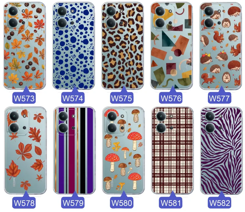 Przezroczyste etui do Xiaomi Redmi 15C z jesiennymi wzorami: panterka, zebra, krata, paski i jesienne liście