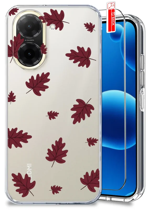Przezroczyste etui jesienne do Xiaomi Redmi A5 z bordowym nadrukiem liści oraz szkłem hartowanym 9H