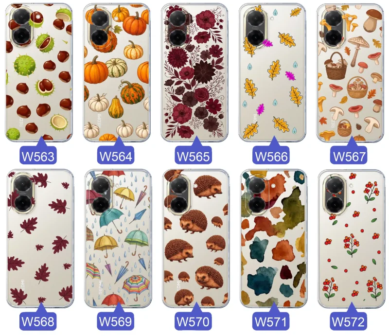 Kolekcja jesiennych etui do Xiaomi Redmi A5 z kolorowymi wzorami dyni, kasztanów, kwiatów, liści, grzybów i jeży