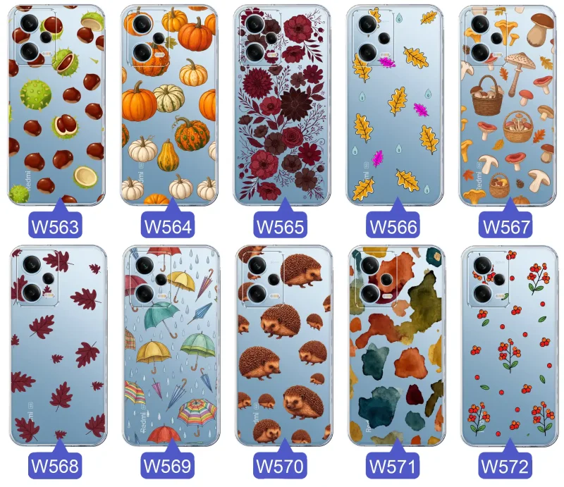 Kolekcja jesiennych etui do Xiaomi Redmi Note 12 5G z kolorowymi wzorami dyni, kasztanów, kwiatów, liści, grzybów i jeży