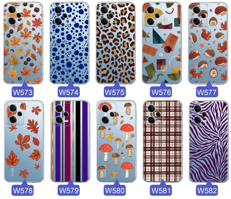 Przezroczyste etui do Xiaomi Redmi Note 12 5G z jesiennymi wzorami: panterka, zebra, krata, paski i jesienne liście