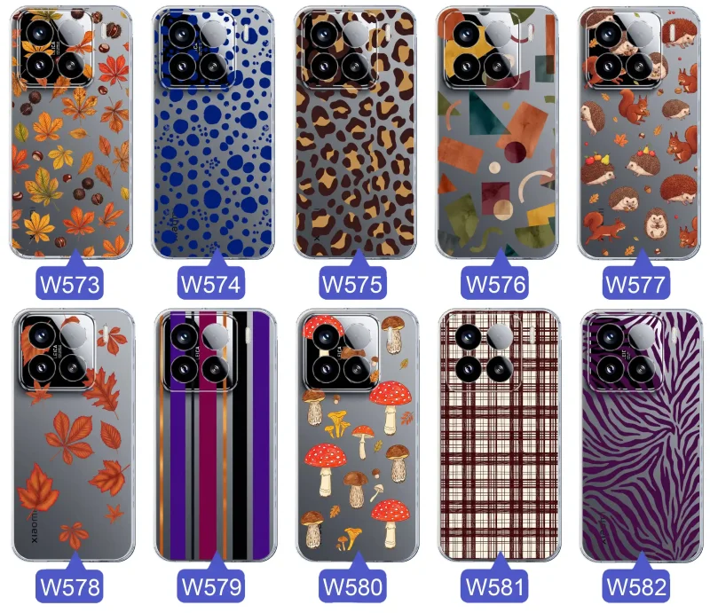 Przezroczyste etui do Xiaomi 15 z jesiennymi wzorami: panterka, zebra, krata, paski i jesienne liście