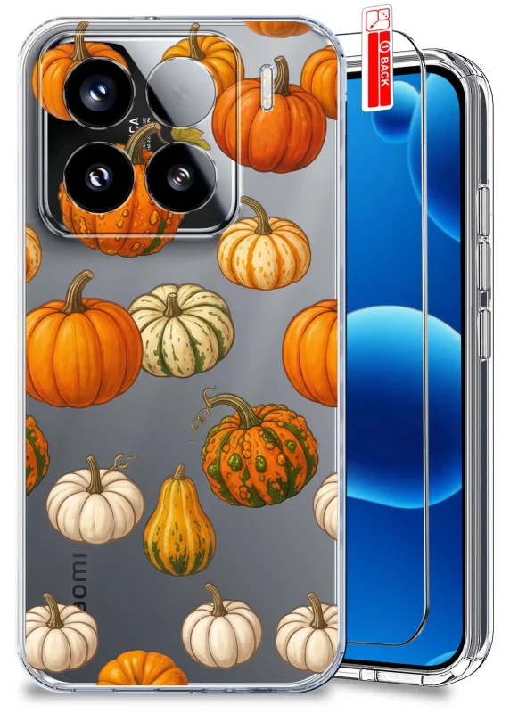 Przezroczyste etui jesienne do Xiaomi 15 Pro z nadrukiem pomarańczowych, białych i zielonych dyń oraz szkłem hartowanym 9H