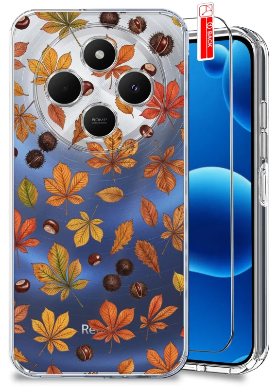 Przezroczyste etui jesienne do Xiaomi Redmi 14C z nadrukiem kolorowych liści i kasztanów oraz szkłem hartowanym 9H