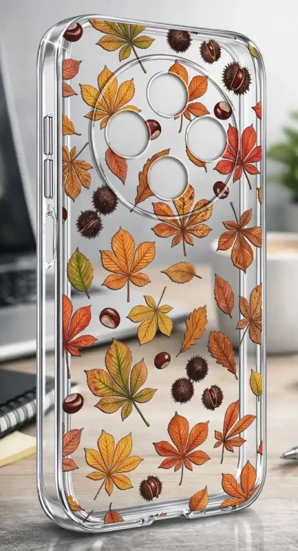 Etui Xiaomi Redmi 14C 2 mm z jesiennym wzorem liści i kasztanów na przezroczystej powierzchni