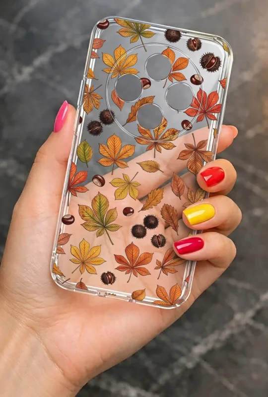Przezroczyste etui do Xiaomi Redmi 14C z motywem jesiennych liści i kasztanów prezentowane w dłoni