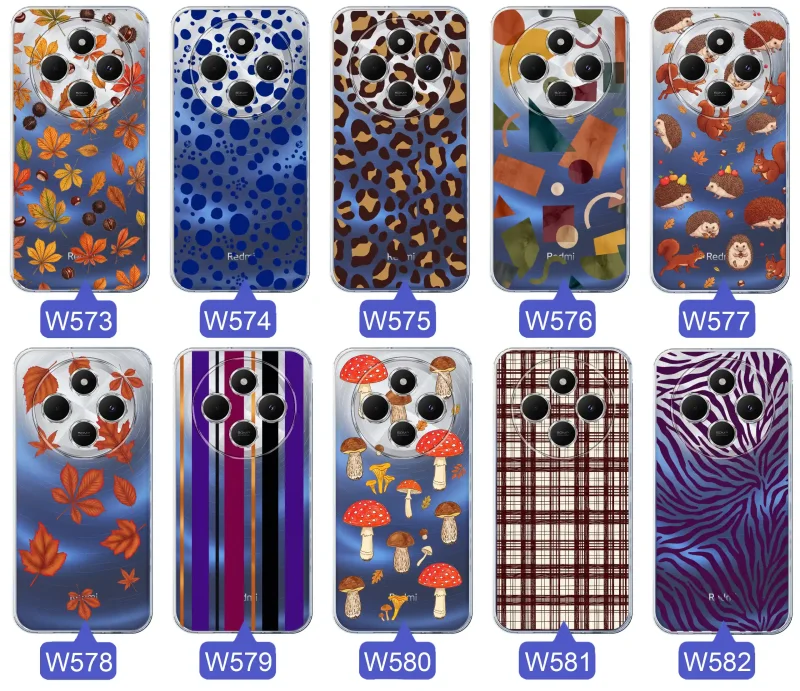 Przezroczyste etui do Xiaomi Redmi 14C z jesiennymi wzorami: panterka, zebra, krata, paski i jesienne liście