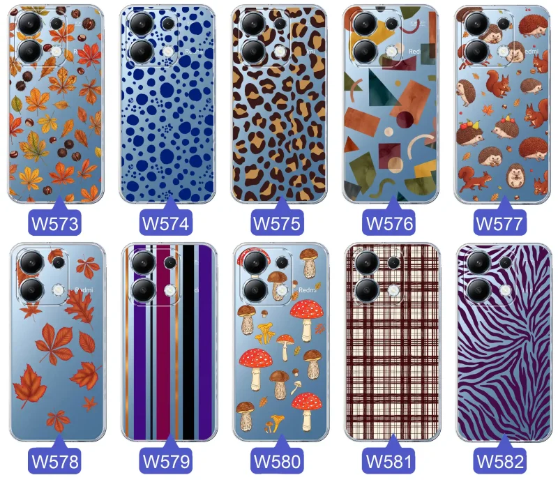 Przezroczyste etui do Xiaomi Redmi Note 13 Pro 4G z jesiennymi wzorami: panterka, zebra, krata, paski i jesienne liście