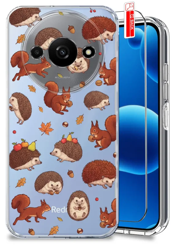 Przezroczyste etui jesienne do Xiaomi Redmi A3 4G z jeżami, wiewiórkami i liśćmi oraz szkłem hartowanym 9H