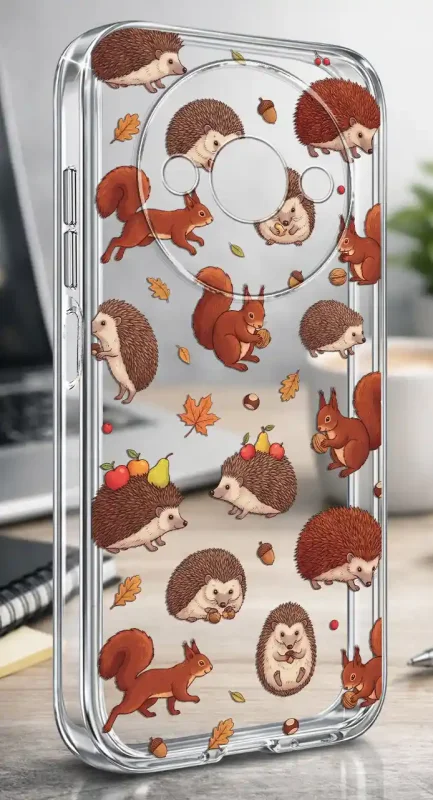 Etui Xiaomi Redmi A3 4G 2 mm z jesiennym wzorem jeży, wiewiórek, liści i żołędzi na przezroczystej powierzchni