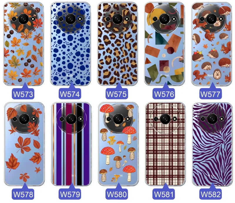 Przezroczyste etui do Xiaomi Redmi A3 4G z jesiennymi wzorami: panterka, zebra, krata, paski i jesienne liście