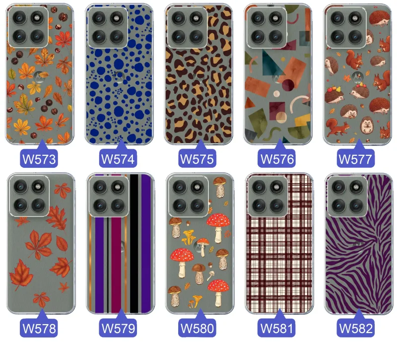 Przezroczyste etui do Motorola Edge 60 Pro 5G z jesiennymi wzorami: panterka, zebra, krata, paski i jesienne liście