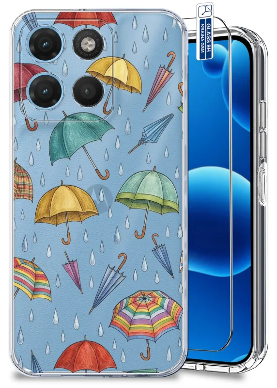 Przezroczyste etui jesienne do Motorola Moto G15 | G17 | Power z kolorowymi parasolami i kroplami deszczu oraz szkłem hartowanym 9H