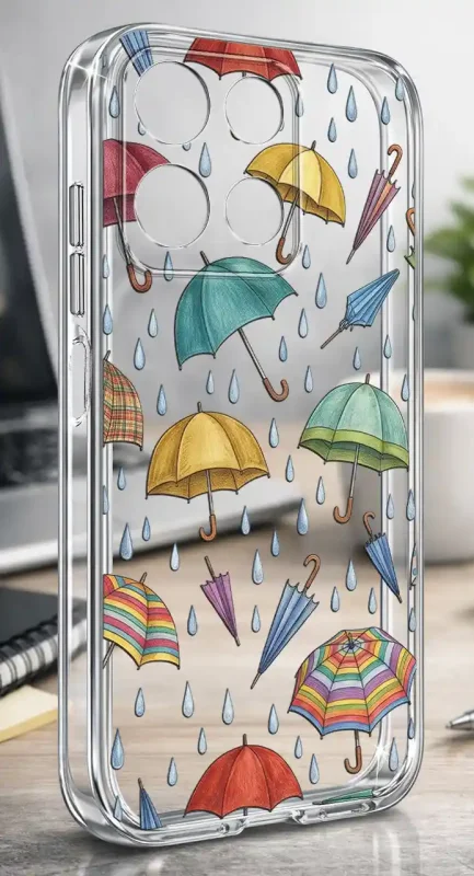 Etui Motorola Moto G15 | G17 | Power 2 mm z jesiennym wzorem parasoli i kropli deszczu na przezroczystej powierzchni