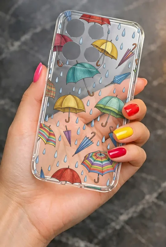 Przezroczyste etui do Motorola Moto G15 | G17 | Power z kolorowymi parasolami i motywem deszczu prezentowane w dłoni