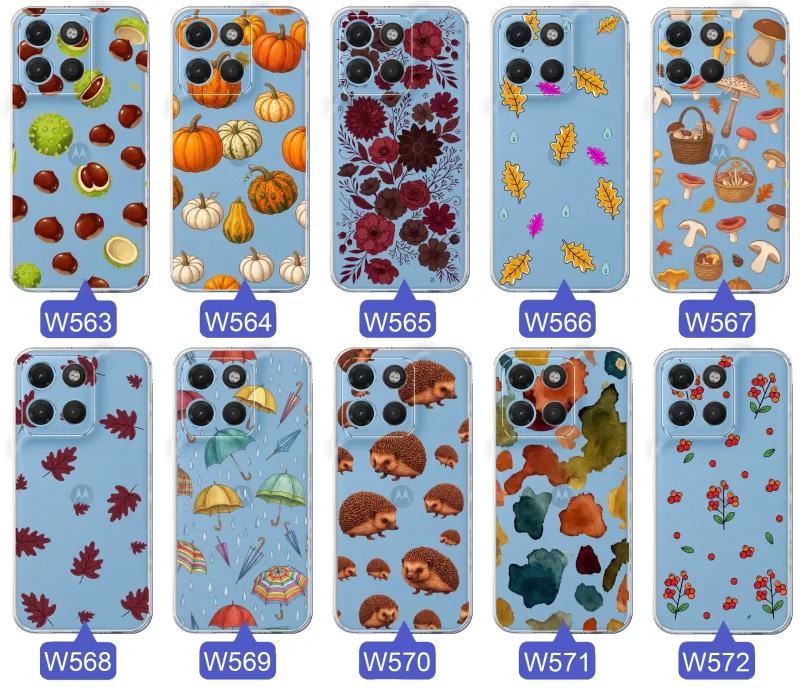 Kolekcja jesiennych etui do Motorola Moto G15 | G17 | Power z kolorowymi wzorami dyni, kasztanów, kwiatów, liści, grzybów i jeży