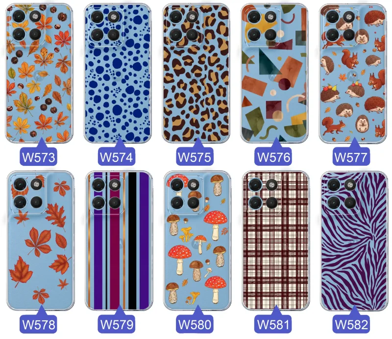 Przezroczyste etui do Motorola Moto G15 | G17 | Power z jesiennymi wzorami: panterka, zebra, krata, paski i jesienne liście