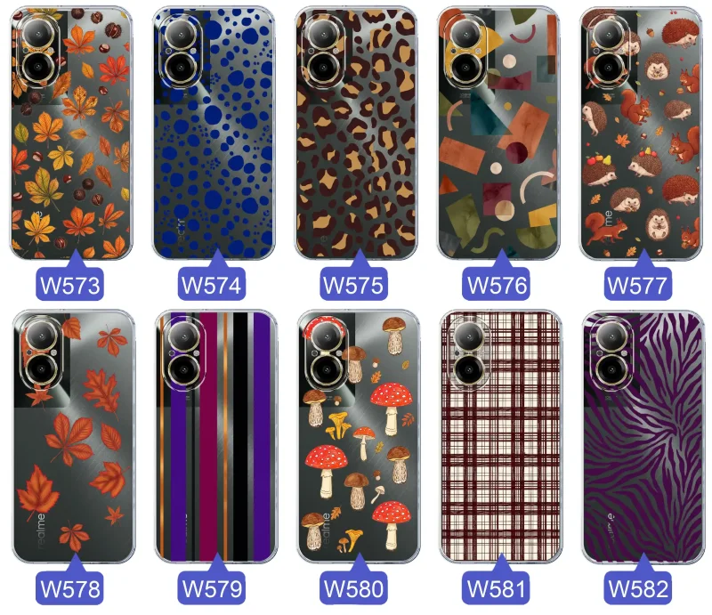 Przezroczyste etui do Realme C67 4G z jesiennymi wzorami: panterka, zebra, krata, paski i jesienne liście