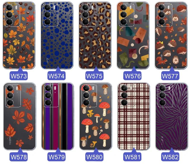 Przezroczyste etui do Realme C75 z jesiennymi wzorami: panterka, zebra, krata, paski i jesienne liście