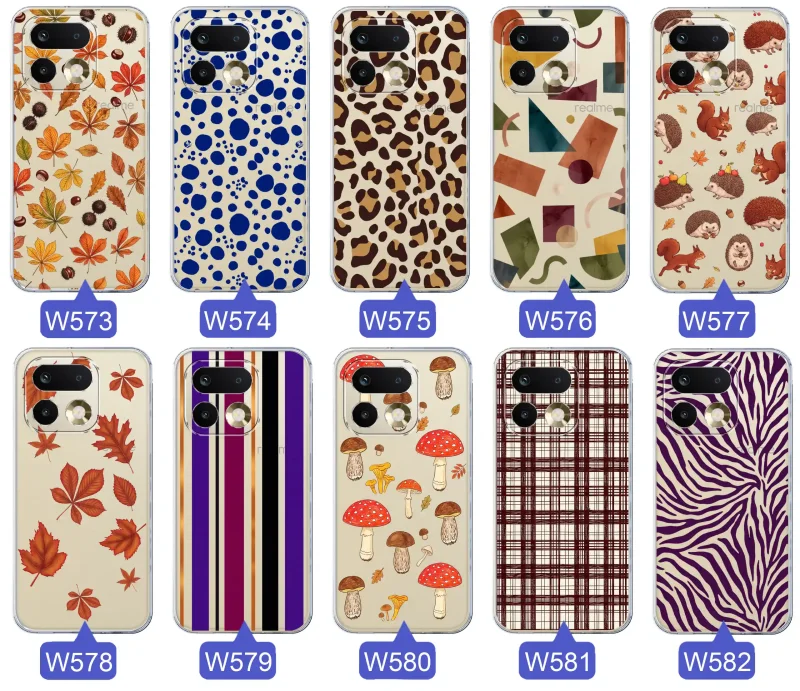 Przezroczyste etui do Realme 16 Pro z jesiennymi wzorami: panterka, zebra, krata, paski i jesienne liście