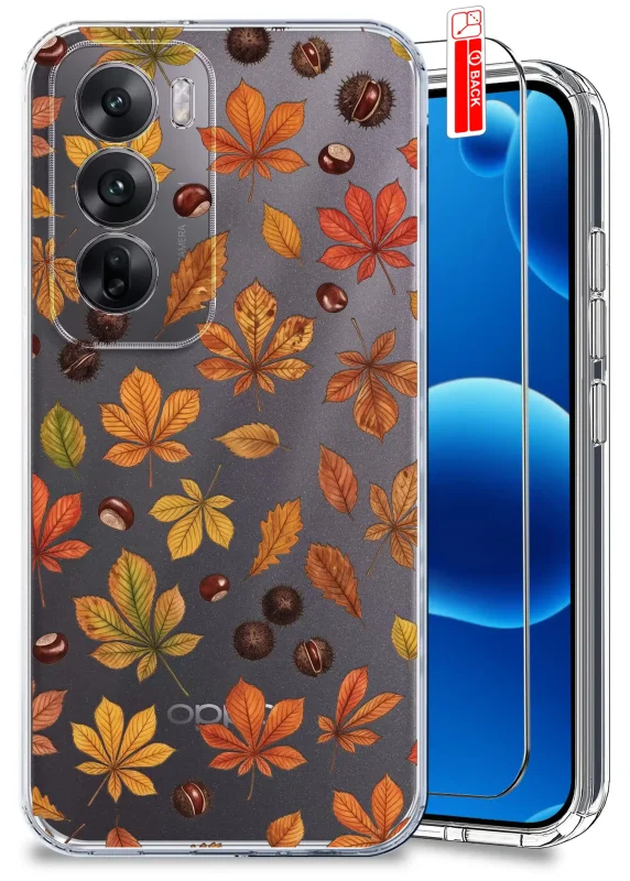 Przezroczyste etui jesienne do Oppo Reno 12 5G z nadrukiem liści i kasztanów