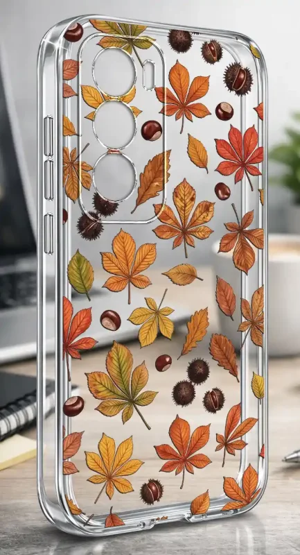 Etui Oppo Reno 12 5G 2 mm z jesiennym wzorem liści i kasztanów na przezroczystej powierzchni